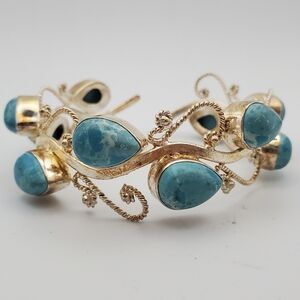 925 Silver Filagree Cuff Bangle Bracelet w/ Faux Larimar Stone Teardrop Design